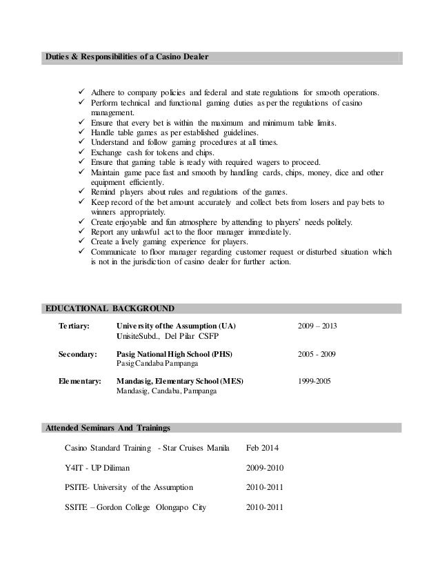 Sample resume objective for casino dealer search Sample resume objective for casino dealer search