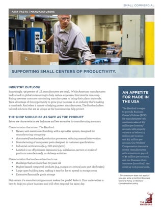 SMALL COMMERCIAL
FAST FACTS | MANUFACTURERS
SUPPORTING SMALL CENTERS OF PRODUCTIVITY.
INDUSTRY OUTLOOK
Surprisingly, ~98 percent of U.S. manufacturers are small.1
While American manufacturers
had turned to global outsourcing to help reduce expenses, this trend is reversing.
Rising overseas costs are convincing manufacturers to bring their plants stateside.
Take advantage of this opportunity to grow your business in an industry that’s making
a comeback. And when it comes to helping protect manufacturers, The Hartford offers
tailored solutions that are as unique as the businesses we help protect.
THE SHOP SHOULD BE AS SAFE AS THE PRODUCT
Below are characteristics we find more and less attractive for manufacturing accounts.
Characteristics that attract The Hartford:
•	 Newer, well-maintained building, with a sprinkler system, designed for
manufacturing occupancy
•	 	Automated/mechanized production processes, reducing manual intervention
•	 	Manufacturing of component parts designed to customer specifications
•	 	Industrial certifications (e.g., ISO 9000/9001)
•	 	Limited or no off-premises exposures (e.g., installation, service or repair of
products manufactured); no delivery activities
Characteristics that are less attractive to us:
•	 	Buildings that are more than 30 years old
•	 	Higher hazard completed products (e.g., pumps or a critical auto part like brakes)
•	 	Large open building area, making it easy for fire to spread to storage areas
•	 	Extensive flammable goods storage
Not certain if a manufacturing account makes the grade? Refer it. Your underwriter is
here to help you place business and will often respond the same day.
AN APPETITE
FOR MADE IN
THE USA
The Hartford is eager
to provide Business
Owner’s Policies (BOP)
for manufacturers with
maximum sales of $7.5
million per location/
account, with property
values at or below $7.5
million per location
and $15 million per
account. Our Workers’
Compensation insurance
covers manufacturers
with a maximum payroll
of $2 million per account,
and our Business Auto
insurance (monoline)* can
cover up to 25 power units.
* This maximum does not apply if
you also write a Hartford Business
Owner’s Policy or Workers’
Compensation policy.
 