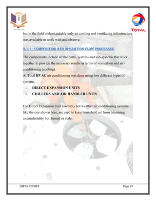 SIWES REPORT Page 20
but in the field understandably only air cooling and ventilating infrastructure
was available to work with and observe.
3.1.1 - COMPOSITION AND OPERATION FLOW PROCESSES
The components include all the parts, systems and sub-systems that work
together to provide the necessary results in terms of ventilation and air-
conditioning (cooling).
At Total HVAC air conditioning was done using two different types of
systems.
i. DIRECT EXPANSION UNITS
ii. CHILLERS AND AIR HANDLER UNITS
For Direct Expansion Unit assembly hot weather air conditioning systems,
like the one shown here, are used to keep household air from becoming
uncomfortably hot, humid or stale.
 
