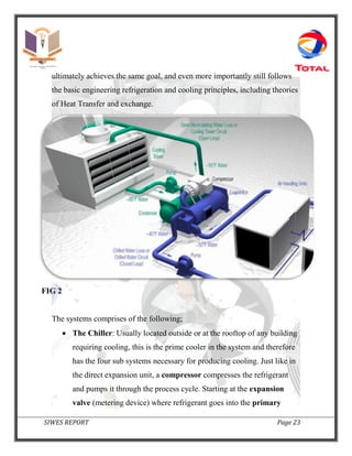 SIWES REPORT Page 23
ultimately achieves the same goal, and even more importantly still follows
the basic engineering refrigeration and cooling principles, including theories
of Heat Transfer and exchange.
FIG 2
The systems comprises of the following;
 The Chiller: Usually located outside or at the rooftop of any building
requiring cooling, this is the prime cooler in the system and therefore
has the four sub systems necessary for producing cooling. Just like in
the direct expansion unit, a compressor compresses the refrigerant
and pumps it through the process cycle. Starting at the expansion
valve (metering device) where refrigerant goes into the primary
 