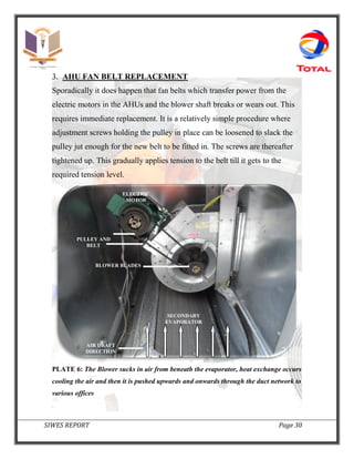 SIWES REPORT Page 30
3. AHU FAN BELT REPLACEMENT
Sporadically it does happen that fan belts which transfer power from the
electric motors in the AHUs and the blower shaft breaks or wears out. This
requires immediate replacement. It is a relatively simple procedure where
adjustment screws holding the pulley in place can be loosened to slack the
pulley jut enough for the new belt to be fitted in. The screws are thereafter
tightened up. This gradually applies tension to the belt till it gets to the
required tension level.
PLATE 6: The Blower sucks in air from beneath the evaporator, heat exchange occurs
cooling the air and then it is pushed upwards and onwards through the duct network to
various offices
AIR DRAFT
DIRECTION
SECONDARY
EVAPORATOR
BLOWER BLADES
PULLEY AND
BELT
ELECTRIC
MOTOR
 