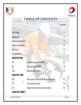 SIWES REPORT Page 4
TABLE OF CONTENTS
PAGE
Title Page 1
Dedication 2
Acknowledgement 3
Table of Contents 4
Abstract 6
Introduction 7
CHAPTER ONE
1.0 A brief history of SIWES 8
1.1 Objectives of SIWES 9
1.1.0 Mission and Vision 9
CHAPTER TWO
2.0 Overview of Total E&P Nigeria Limited 12
2.1 The Total Attitude 14
2.2 Departments and sub-divisions 15
CHAPTER THREE
 