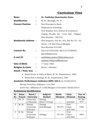 1
Curriculum Vitae
Name : Dr. Prabhakar Ramchandra Pawar
Qualification : M. Sc. (Zoology), Ph. D.
Present Position : Vice-Principal & Head,
Department of Zoology,
Veer Wajekar Arts, Science & Commerce
College, Phunde, Tal. – Uran, Dist. – Raigad,
Navi Mumbai - 400 702
Residential Address : Neel Empress, Flat No. 303, Plot No. 92 - 93,
Sector 1–S, New Panvel (Raigad),
Navi Mumbai–410 206
Contact No. : (O) 0-22-27221035, (R) 0-22-27480622,
(M) 09869616135.
E–mail ID : prabhakar_pawar1962@yahoo.co.in
prpawar1962@rediffmail.com
Date of Birth : 1st June 1962
Religion & Caste : Hindu – Maratha
Award / Prize won :
• Stood fourth in Order of Merit, M. Sc. Examination, 1985
• Stood first in Zoology, M. Sc. Examination, 1985
Academic Performance Indicator (API): 604.5 (on 16/05/2014)
Shivaji University, Kolhapur – 416 004
(Letter No.: Affiliation/T.1/API/Wanger/1733 dated: 28/05/2014)
Professional Qualification:
Sr.
No.
Exam.
Passed
Board /
University
Subjects
Studied
Marks
Obtained
Class
Obtained
Year of
Passing
1 Ph. D. University
of Mumbai
Zoology
(Marine Ecology) ---- Awarded
16th Mar
2007
2 M. Sc. Shivaji
University
Kolhapur
Zoology
(Cell Biology) 78.57%
First
Class
with Dist.
1985
3 B. Sc. Shivaji
University
Kolhapur
Zoology 76.14%
First
Class
with Dist.
1983
 