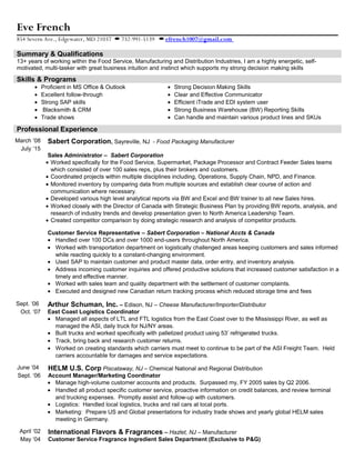 Eve French
854 Severn Ave., Edgewater, MD 21037 732-991-5139 efrench1007@gmail.com
Summary & Qualifications
13+ years of working within the Food Service, Manufacturing and Distribution Industries, I am a highly energetic, self-
motivated, multi-tasker with great business intuition and instinct which supports my strong decision making skills
Skills & Programs
• Proficient in MS Office & Outlook • Strong Decision Making Skills
• Excellent follow-through • Clear and Effective Communicator
• Strong SAP skills • Efficient iTrade and EDI system user
• Blacksmith & CRM • Strong Business Warehouse (BW) Reporting Skills
• Trade shows • Can handle and maintain various product lines and SKUs
Professional Experience
March ’08 Sabert Corporation, Sayreville, NJ - Food Packaging Manufacturer
July ‘15
Sales Administrator – Sabert Corporation
• Worked specifically for the Food Service, Supermarket, Package Processor and Contract Feeder Sales teams
which consisted of over 100 sales reps, plus their brokers and customers.
• Coordinated projects within multiple disciplines including, Operations, Supply Chain, NPD, and Finance.
• Monitored inventory by comparing data from multiple sources and establish clear course of action and
communication where necessary.
• Developed various high level analytical reports via BW and Excel and BW trainer to all new Sales hires.
• Worked closely with the Director of Canada with Strategic Business Plan by providing BW reports, analysis, and
research of industry trends and develop presentation given to North America Leadership Team.
• Created competitor comparison by doing strategic research and analysis of competitor products.
Customer Service Representative – Sabert Corporation – National Accts & Canada
• Handled over 100 DCs and over 1000 end-users throughout North America.
• Worked with transportation department on logistically challenged areas keeping customers and sales informed
while reacting quickly to a constant-changing environment.
• Used SAP to maintain customer and product master data, order entry, and inventory analysis.
• Address incoming customer inquiries and offered productive solutions that increased customer satisfaction in a
timely and effective manner.
• Worked with sales team and quality department with the settlement of customer complaints.
• Executed and designed new Canadian return tracking process which reduced storage time and fees
Sept. ‘06 Arthur Schuman, Inc. – Edison, NJ – Cheese Manufacturer/Importer/Distributor
Oct. ‘07 East Coast Logistics Coordinator
• Managed all aspects of LTL and FTL logistics from the East Coast over to the Mississippi River, as well as
managed the ASI, daily truck for NJ/NY areas.
• Built trucks and worked specifically with palletized product using 53’ refrigerated trucks.
• Track, bring back and research customer returns.
• Worked on creating standards which carriers must meet to continue to be part of the ASI Freight Team. Held
carriers accountable for damages and service expectations.
June ‘04 HELM U.S. Corp Piscataway, NJ – Chemical National and Regional Distribution
Sept. ‘06 Account Manager/Marketing Coordinator
• Manage high-volume customer accounts and products. Surpassed my, FY 2005 sales by Q2 2006.
• Handled all product specific customer service, proactive information on credit balances, and review terminal
and trucking expenses. Promptly assist and follow-up with customers.
• Logistics: Handled local logistics, trucks and rail cars at local ports.
• Marketing: Prepare US and Global presentations for industry trade shows and yearly global HELM sales
meeting in Germany.
April ‘02 International Flavors & Fragrances – Hazlet, NJ – Manufacturer
May ‘04 Customer Service Fragrance Ingredient Sales Department (Exclusive to P&G)
 