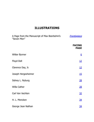 ILLUSTRATIONS
A Page from the Manuscript of Max Beerbohm’s
“Seven Men”
Frontispiece
FACING
PAGE
Witter Bynner 6
Floyd Dell 12
Clarence Day, Jr. 12
Joseph Hergesheimer 15
Sidney L. Nyburg 28
Willa Cather 28
Carl Van Vechten 32
H. L. Mencken 34
George Jean Nathan 34
 