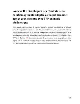 125
Annexe II : Graphiques des résultats de la
solution optimale adoptée à chaque semaine
test et ceux obtenus avec PPP en mode
cinématique
Cette annexe représente dans la première partie les résultats graphiques de la solution
optimale adoptée à chaque semaine test. Puis, dans la deuxième partie, les résultats obtenus
avec le logiciel PPP de RNCan (solution GNSS-L1&L2) en mode cinématique pour les 4
semaines tests notant que nous avons pris les coordonnées du 3 mars 2013 calculées avec
PPP (voir Tableau 5.3) comme coordonnées de comparaison pour ces graphiques. Ces
figures sont au nombre de 8, soit quatre pour représenter les variations des coordonnées 3D
et 4 pour représenter les sigmas, le PDOP et d’autres données auxiliaires.
 