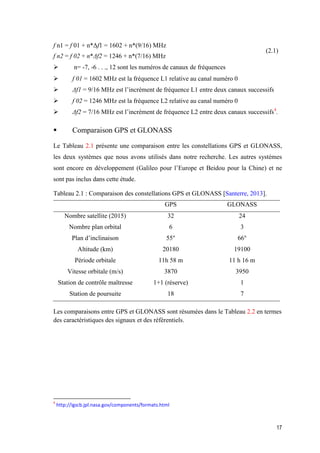17
f n1 = f 01 + n*Δf1 = 1602 + n*(9/16) MHz
f n2 = f 02 + n*Δf2‎= 1246 + n*(7/16) MHz
(2.1)
 n= -7, -6 . . ., 12 sont les numéros de canaux de fréquences
 f 01 = 1602 MHz est la fréquence L1 relative au canal numéro 0
 Δf1‎= 9/16 MHz est l’incrément de fréquence L1 entre deux canaux successifs
 f 02 = 1246 MHz est la fréquence L2 relative au canal numéro 0
 Δf2‎= 7/16 MHz est l’incrément de fréquence L2 entre deux canaux successifs4
.
 Comparaison GPS et GLONASS
Le Tableau ‎2.1 présente une comparaison entre les constellations GPS et GLONASS,
les deux systèmes que nous avons utilisés dans notre recherche. Les autres systèmes
sont encore en développement (Galileo pour l’Europe et Beidou pour la Chine) et ne
sont pas inclus dans cette étude.
Tableau ‎2.1 : Comparaison des constellations GPS et GLONASS [Santerre, 2013].
GPS GLONASS
Nombre satellite (2015) 32 24
Nombre plan orbital 6 3
Plan d’inclinaison 55° 66°
Altitude (km) 20180 19100
Période orbitale 11h 58 m 11 h 16 m
Vitesse orbitale (m/s) 3870 3950
Station de contrôle maîtresse 1+1 (réserve) 1
Station de poursuite 18 7
Les comparaisons entre GPS et GLONASS sont résumées dans le Tableau ‎2.2 en termes
des caractéristiques des signaux et des référentiels.
4
http://igscb.jpl.nasa.gov/components/formats.html
 