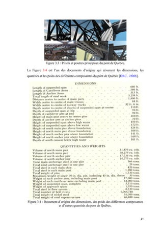 41
Figure ‎3.3 : Piliers et poutres principaux du pont de Québec.
La Figure 3.4 est l’un des documents d’origine qui résument les dimensions, les
quantités et les poids des différentes composantes du pont de Québec [DRC, 1908b].
Figure ‎3.4 : Document d’origine des dimensions, des poids des différentes composantes
et d’autres quantités du pont de Québec.
 