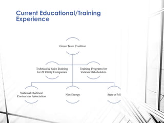 Green Team Coalition
National Electrical
Contractors Association
NextEnergy State of MI
Technical & Sales Training
for 22 Utility Companies
Training Programs for
Various Stakeholders
Current Educational/Training
Experience
 