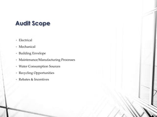 • Electrical
• Mechanical
• Building Envelope
• Maintenance/Manufacturing Processes
• Water Consumption Sources
• Recycling Opportunities
• Rebates & Incentives
Audit Scope
 