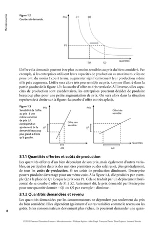Microéconomie
8
1.2Figure
Courbes de demande.
Prix
Quantités
Q1
P1
D1 D2
Q2
L’offre et la demande peuvent être plus ou moins sensibles au prix du bien considéré. Par
exemple, si les entreprises utilisent leurs capacités de production au maximum, elles ne
pourront, du moins à court terme, augmenter significativement leur production même
si le prix augmente. L’offre sera alors très peu sensible au prix, comme illustré dans la
partie gauche de la figure 1.3 : la courbe d’offre est très verticale. À l’inverse, si les capa-
cités de production sont excédentaires, les entreprises pourront décider de produire
beaucoup plus pour une petite augmentation de prix. On sera alors dans la situation
représentée à droite sur la figure : la courbe d’offre est très aplatie.
1.3Figure
Sensibilité de l’offre
au prix : à une
même variation
de prix ΔP,
correspond un
ajustement de la
demande beaucoup
plus grand à droite
qu’à gauche.
Prix Prix
Quantités
Offre très
sensible
Offre peu
sensible
ΔQ
ΔP
ΔQ
ΔP
3.1.1 Quantités offertes et coûts de production
Les quantités offertes d’un bien dépendent de son prix, mais également d’autres varia-
bles, en particulier du prix des matières premières ou des salaires et, plus généralement,
de tous les coûts de production. Si ses coûts de production diminuent, l’entreprise
pourra produire davantage pour un même coût. À la figure 1.1, elle produira par exem-
ple Q2 à la place de Q1 lorsque le prix sera P1. Cela se traduit par un déplacement hori-
zontal de sa courbe d’offre de S1 à S2. Autrement dit, le prix demandé par l’entreprise
pour une quantité donnée – Q1 ou Q2 par exemple – diminue.
3.1.2 Quantités demandées et revenu
Les quantités demandées par les consommateurs ne dépendent pas seulement du prix
du bien considéré. Elles dépendent également d’autres variables comme le revenu ou les
goûts. Si les consommateurs deviennent plus riches, ils pourront demander une quan-
© 2010 Pearson Education France – Microéconomie – Philippe Aghion, Julia Cagé, François Denis, Elsa Orgiazzi, Laurent Simula
 