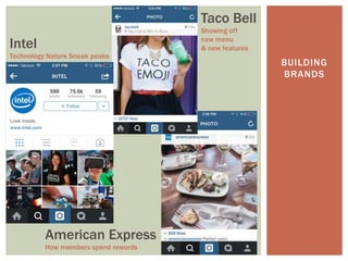 BUILDING
BRANDS
Taco Bell
Showing off
new menu
& new features
American Express
How members spend rewards
Intel
Technology Nature Sneak peaks
 