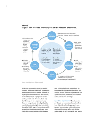 3
experience of trying on clothes or choosing
fruit and vegetables. In addition, these sectors
have cost structures that are less amenable to
digitally driven transformation. For example,
most of the costs of a large grocery retailer
are the goods it sells. However, this is only
half the story; we see a large opportunity
for savvy competitors to drive digitally influ-
enced sales within their physical footprint by
lever­ag­ing highly targeted promotions, mobile
apps with prebuilt shopping lists, and other
conveniences that combine seamlessly with
their traditional offerings to transform the
customer experience. Given the typically tight
margins in these industries, digital leaders can
significantly boost profitability and command
a clear performance advantage.
Eye of the digital storm. These industries
are likely to see a more transformative effect
from digital. Retail banking, property-and-
casualty insurance, and mobile telecommu­
nications offer virtual rather than physical
products and, as such, have a cost base largely
Enhanced
corporate
control
McKinsey On Business Technology 2013 — Digital Value Insights
Exhibit 1 of 1
Digital can reshape every aspect of the modern enterprise.
Source: Expert interviews; McKinsey analysis
Customer
experience
Product
and service
innovation
Distribution
and marketing
and sales
Digital
fulﬁllment
Risk
optimization
Decision making
based on big data
and advanced
analytics
Automation
of manual activity,
replacing labor
with technology
Connectivity
with customers,
colleagues,
and suppliers
Innovation
of products,
business models,
and operating
models
• Seamless multichannel experience
• Whenever, wherever service propositions
• New digital
products
and services
• Cocreation of
new products
• Digital
marketing with
higher return
on investment
• Digital
augmentation
of traditional
channels
• Full straight-through processing
and automatic provisioning
• Virtual servicing and administration
• Improved
targeting with
customer
insights
• Embedded/
automated
controls and
risk proﬁling
• Improved, real-time
management
information
systems and
decision
making
• Seamless
integration
into third
parties
Exhibit
 