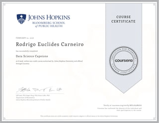 EDUCA
T
ION FOR EVE
R
YONE
CO
U
R
S
E
C E R T I F
I
C
A
TE
COURSE
CERTIFICATE
FEBRUARY 01, 2016
Rodrigo Euclides Carneiro
Data Science Capstone
an 8 week online non-credit course authorized by Johns Hopkins University and offered
through Coursera
has successfully completed
Jeff Leek, PhD; Roger Peng, PhD; Brian Caffo, PhD
Department of Biostatistics
Johns Hopkins Bloomberg School of Public Health
Verify at coursera.org/verify/WE72S5M6GA
Coursera has confirmed the identity of this individual and
their participation in the course.
This certificate does not confer academic credit toward a degree or official status at the Johns Hopkins University.
 