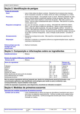 ESMALTE SINTET BRANCO
Seção 2. Identificação de perigos
Frases de precaução
Prevenção : Use luvas de proteção. Use proteção ocular ou facial. Mantenha afastado de calor,
faísca, chamas aberta e superfícies quentes e fontes de ignição. Não fume. Não
pulverize sobre chama aberta ou outra fonte de ignição. Não inale a poeira ou a
névoa. Lave as mãos cuidadosamente após o manuseio. Não perfure ou queime,
mesmo após o uso.
Resposta à emergência : Em caso de mal-estar, consulte um médico. EM CASO DE CONTATO COM A
PELE: Lave com água e sabão em abundância. Retire a roupa contaminada e
lave-a antes de usá-la novamente. Em caso de irritação cutânea: Consulte um
médico. EM CASO DE CONTATO COM OS OLHOS: Enxágue cuidadosamente
com água durante vários minutos. No caso de uso de lentes de contato, remova-as,
se for fácil. Continue enxaguando. Caso a irritação ocular persista: Consulte um
médico.
Armazenamento : Mantenha ao abrigo da luz solar. Não exponha a temperaturas superiores a 50
°C/122 °F.
Disposição : Descarte o conteúdo e o recipiente conforme as regulamentações locais, regionais,
nacionais e internacionais.
Outros perigos que não
resultam em uma
classificação
: Nenhum Conhecido.
Geral : Leia o rótulo antes de utilizar o produto. Mantenha fora do alcance das crianças.
Se for necessário consultar um médico, tenha em mãos a embalagem ou o rótulo.
Seção 3. Composição e informações sobre os ingredientes
n-Butano ≥25 - <50 106-97-8
Acetona ≥10 - <16 67-64-1
Xileno ≥10 - <20 1330-20-7
Etilbenzeno ≥5 - <10 100-41-4
Dióxido de Titânio ≥5 - <5.5 13463-67-7
Nafta desulfurada de baixo ponto de ebulição ≥1 - <3 64742-48-9
bis(2-etilhexanoato) de cobalto ≥0.1 - <0.19 136-52-7
dioctanoato de zinco ≥0.1 - <0.17 136-53-8
Nome do ingrediente Número de
registro CAS
%
Não há nenhum ingrediente adicional presente que, dentro do conhecimento atual do fornecedor e nas
concentrações aplicáveis, seja classificado como perigoso para saúde ou para o ambiente e que,
consequentemente, requeira detalhes nesta seção.
Substância/mistura
Número de registro CAS/outros identificadores
Número da CE : Mistura.
:
Limites de exposição ocupacional, caso disponíveis, encontram-se indicados na seção 8.
Mistura
Lavar imediatamente os olhos com água em abundância, levantando para cima e
para baixo as pálpebras ocasionalmente. Verificar se estão sendo usadas lentes
de contato e removê-las. Continue enxaguando durante pelo menos 10 minutos.
Consulte um médico.
Seção 4. Medidas de primeiros-socorros
Contato com os olhos :
Descrição das medidas necessárias de primeiros socorros
Data de lançamento/Data da revisão : 15, Maio,
2015.
Data da edição anterior : 11, Maio, 2015. Versão : 1.02 2/13
 