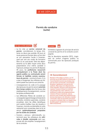 11
JE ME DÉPLACE
CE QUI A ÉTÉ ADOPTÉ
– La loi crée un service universel du
permis: concrètement, le temps d’at-
tente ne devra pas excéder 45 jours et
toute personne formée dans ce but doit
se voir permettre l’accès à l’examen,
quel que soit son mode de formation
libre ou en auto-école. Dans les dépar-
tements où le délai moyen entre deux
présentations d’un même candidat à
l’épreuve pratique du permis B dépasse
45 jours, les préfectures recourront
principalement à la Poste dont les
agents publics ou contractuels seront
formés et habilités comme examina-
teurs du permis – comme le furent, il n’y
a pas si longtemps, les militaires qui fai-
saient passer leur permis aux conscrits.
– L’enseignement du code et le passage
des épreuves du permis seront autorisés
hors temps scolaire dans les locaux des
établissements d’enseignement, comme
les lycées professionnels.
– Les différentes ﬁlières de conduite ac-
compagnée (apprentissage anticipé de la
conduite, conduite supervisée, conduite
encadrée), dont les effets bénéﬁques
sont avérés (meilleur taux de réussite à
l’examen, moindre accidentalité et coûts
restreints) sont consacrées dans la loi et
seront systématiquement proposées
par les écoles de conduite.
– Certains « verrous » administratifs, no-
tamment pour les utilisateurs de véhi-
cules à double commande sont sup-
primés aﬁn de simpliﬁer l’enseignement
de la conduite.
QUAND ?
Immédiat s’agissant du principe de service
universel du permis et la conduite accom-
pagnée.
Dès le deuxième semestre 2015, s’agis-
sant du renfort d’agents publics ou
contractuels pour les épreuves pratiques
du permis.
Permis de conduire
(suite)
➜ Concrètement
Résident à Pierreﬁtte-sur-Seine, j’ai 19
ans et je suis en BTS technico-commercial.
J’aurai bientôt terminé mes études et je
sais que dans ma branche, j’aurai besoin
de passer rapidement mon permis de
conduire. Mais dans mon département,
il faut attendre 162 jours avant de pouvoir
repasser l’examen lorsqu’on a échoué
une première fois. Avec cette loi, non
seulement le délai sera progressivement
ramené à 45 jours maximum, mais je
pourrais aussi accéder plus facilement aux
services des loueurs de véhicules à double
commande. Cela me permettra de passer
ce permis à moindre coût, car chaque mois
de délai gagné représente en moyenne
200 € d’économie.
 