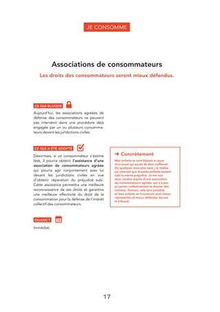17
CE QUI BLOQUE
Aujourd’hui, les associations agréées de
défense des consommateurs ne peuvent
pas intervenir dans une procédure déjà
engagée par un ou plusieurs consomma-
teurs devant les juridictions civiles.
CE QUI A ÉTÉ ADOPTÉ
Désormais, si un consommateur s’estime
lésé, il pourra obtenir l’assistance d’une
association de consommateurs agréée
qui pourra agir conjointement avec lui
devant les juridictions civiles en vue
d’obtenir réparation du préjudice subi.
Cette assistance permettra une meilleure
reconnaissance de ses droits et garantira
une meilleure effectivité du droit de la
consommation pour la défense de l’intérêt
collectif des consommateurs.
QUAND ?
Immédiat.
JE CONSOMME
Associations de consommateurs
Les droits des consommateurs seront mieux défendus.
➜ Concrètement
Mes enfants se sont blessés à cause
d’un jouet qui aurait dû être inoffensif.
Or, quelques mois plus tard, j’ai réalisé
sur internet que d’autres enfants avaient
subi le même préjudice. Je me suis
donc rendue auprès d’une association
de consommateurs agréée, qui n’a pas
pu porter collectivement le dossier des
victimes. Demain, cela sera possible,
et mes enfants se trouveront ainsi mieux
représentés et mieux défendus devant
le tribunal.
 