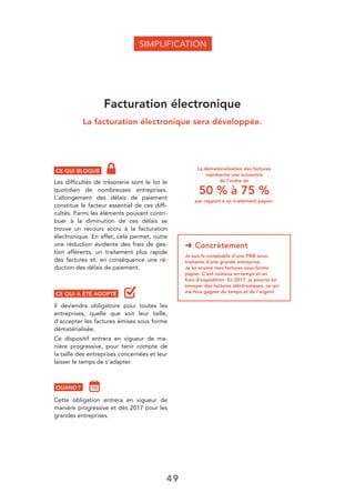 49
Facturation électronique
La facturation électronique sera développée.
CE QUI BLOQUE
Les difﬁcultés de trésorerie sont le lot le
quotidien de nombreuses entreprises.
L’allongement des délais de paiement
constitue le facteur essentiel de ces difﬁ-
cultés. Parmi les éléments pouvant contri-
buer à la diminution de ces délais se
trouve un recours accru à la facturation
électronique. En effet, cela permet, outre
une réduction évidente des frais de ges-
tion afférents, un traitement plus rapide
des factures et, en conséquence une ré-
duction des délais de paiement.
CE QUI A ÉTÉ ADOPTÉ
Il deviendra obligatoire pour toutes les
entreprises, quelle que soit leur taille,
d’accepter les factures émises sous forme
dématérialisée.
Ce dispositif entrera en vigueur de ma-
nière progressive, pour tenir compte de
la taille des entreprises concernées et leur
laisser le temps de s’adapter.
QUAND ?
Cette obligation entrera en vigueur de
manière progressive et dès 2017 pour les
grandes entreprises.
➜ Concrètement
Je suis le comptable d’une PME sous-
traitante d’une grande entreprise.
Je lui envoie mes factures sous forme
papier. C’est coûteux en temps et en
frais d’expédition. En 2017, je pourrai lui
envoyer des factures électroniques, ce qui
me fera gagner du temps et de l’argent.
La dématérialisation des factures
représente une économie
de l’ordre de
50 % à 75 %
par rapport à un traitement papier.
SIMPLIFICATION
 