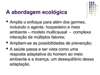 A abordagem ecológica
 Amplia o enfoque para além dos germes,
incluindo o agente, hospedeiro e meio
ambiente – modelo multicausal - complexa
interação de múltiplos fatores;
 Ampliam-se as possibilidades de prevenção;
 A saúde passa a ser vista como uma
resposta adaptativa do homem ao meio
ambiente e a doença, um desequilíbrio dessa
adaptação.
 