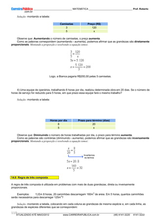 ____________ _____________________________ MATEMÁTICA _________________________________ Prof. Roberto
__________________________________________________________________________________________________________________________
ATUALIZADO ATÉ MAIO/2012 www.CARREIRAPUBLICA.com.br (48) 4141-3220 4141-3222
110
Solução: montando a tabela:
Camisetas Preço (R$)
3 120
5 x
Observe que: Aumentando o número de camisetas, o preço aumenta.
Como as palavras correspondem (aumentando - aumenta), podemos afirmar que as grandezas são diretamente
proporcionais. Montando a proporção e resolvendo a equação temos:
Logo, a Bianca pagaria R$200,00 pelas 5 camisetas.
4) Uma equipe de operários, trabalhando 8 horas por dia, realizou determinada obra em 20 dias. Se o número de
horas de serviço for reduzido para 5 horas, em que prazo essa equipe fará o mesmo trabalho?
Solução: montando a tabela:
Horas por dia Prazo para término (dias)
8 20
5 x
Observe que: Diminuindo o número de horas trabalhadas por dia, o prazo para término aumenta.
Como as palavras são contrárias (diminuindo - aumenta), podemos afirmar que as grandezas são inversamente
proporcionais. Montando a proporção e resolvendo a equação temos:
14.6 Regra de três composta
A regra de três composta é utilizada em problemas com mais de duas grandezas, direta ou inversamente
proporcionais.
Exemplos: 1) Em 8 horas, 20 caminhões descarregam 160m
3
de areia. Em 5 horas, quantos caminhões
serão necessários para descarregar 125m
3
?
Solução: montando a tabela, colocando em cada coluna as grandezas de mesma espécie e, em cada linha, as
grandezas de espécies diferentes que se correspondem:
 