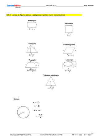 ____________ _____________________________ MATEMÁTICA _________________________________ Prof. Roberto
__________________________________________________________________________________________________________________________
ATUALIZADO ATÉ MAIO/2012 www.CARREIRAPUBLICA.com.br (48) 4141-3220 4141-3222
157
20.2 Áreas de figuras planas e polígonos inscritos numa circunferência
Retângulo
Quadrado
Triângulo
Paralelogramo
Trapézio Losango
Triângulo equilátero
Círculo
 