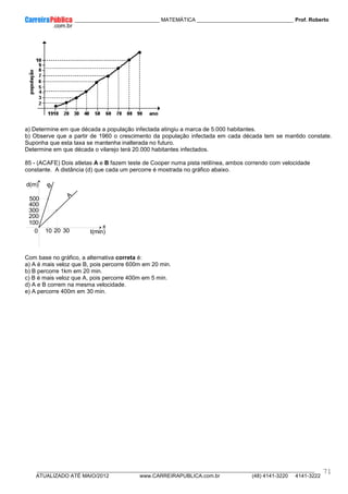 ____________ _____________________________ MATEMÁTICA _________________________________ Prof. Roberto
__________________________________________________________________________________________________________________________
ATUALIZADO ATÉ MAIO/2012 www.CARREIRAPUBLICA.com.br (48) 4141-3220 4141-3222
71
a) Determine em que década a população infectada atingiu a marca de 5.000 habitantes.
b) Observe que a partir de 1960 o crescimento da população infectada em cada década tem se mantido constate.
Suponha que esta taxa se mantenha inalterada no futuro.
Determine em que década o vilarejo terá 20.000 habitantes infectados.
85 - (ACAFE) Dois atletas A e B fazem teste de Cooper numa pista retilínea, ambos correndo com velocidade
constante. A distância (d) que cada um percorre é mostrada no gráfico abaixo.
0
d(m)
10 20 30
x
100
200
300
400
500
t(min)
A
B
Com base no gráfico, a alternativa correta é:
a) A é mais veloz que B, pois percorre 600m em 20 min.
b) B percorre 1km em 20 min.
c) B é mais veloz que A, pois percorre 400m em 5 min.
d) A e B correm na mesma velocidade.
e) A percorre 400m em 30 min.
 