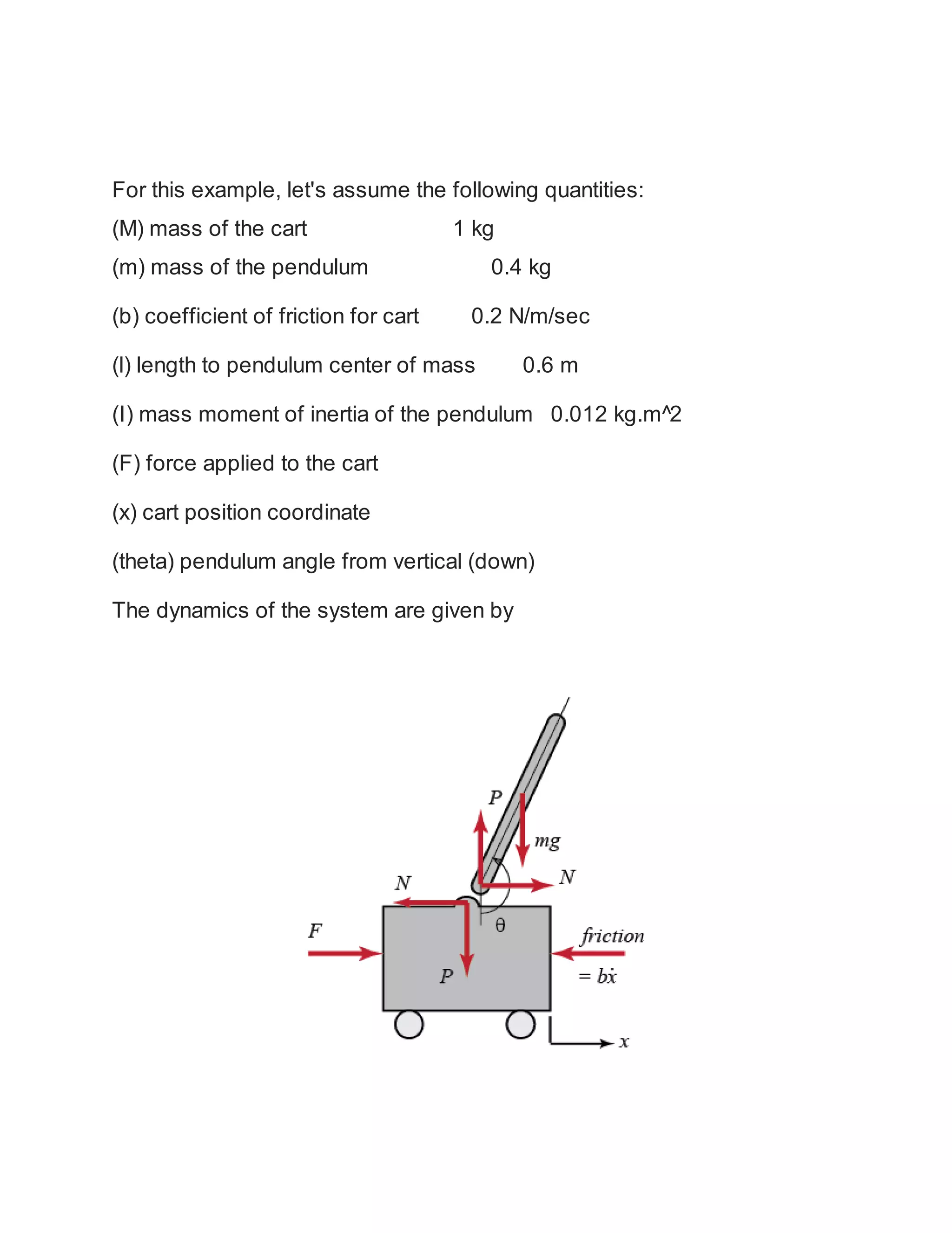 For this example, let's assume the following quantities:
(M) mass of the cart 1 kg
(m) mass of the pendulum 0.4 kg
(b) coefficient of friction for cart 0.2 N/m/sec
(l) length to pendulum center of mass 0.6 m
(I) mass moment of inertia of the pendulum 0.012 kg.m^2
(F) force applied to the cart
(x) cart position coordinate
(theta) pendulum angle from vertical (down)
The dynamics of the system are given by
 