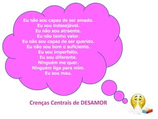 Eu sou desamparado.
Eu sou impotente.
Eu estou fora de controle.
Eu sou fraco.
Eu sou vulnerável.
Eu sou carente.
Eu não sou capaz de ser amado.
Eu sou indesejável.
Eu não sou atraente.
Eu não tenho valor.
Eu não sou capaz de ser querido.
Eu não sou bom o suficiente.
Eu sou imperfeito.
Eu sou diferente.
Ninguém me quer.
Ninguém liga para mim.
Eu sou mau.
44
Crenças Centrais de DESAMOR
 