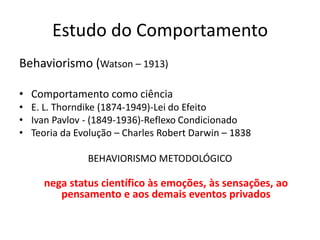 Estudo do Comportamento
Behaviorismo (Watson – 1913)
• Comportamento como ciência
• E. L. Thorndike (1874-1949)-Lei do Efeito
• Ivan Pavlov - (1849-1936)-Reflexo Condicionado
• Teoria da Evolução – Charles Robert Darwin – 1838
BEHAVIORISMO METODOLÓGICO
nega status científico às emoções, às sensações, ao
pensamento e aos demais eventos privados
 