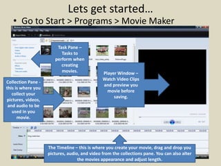 Lets get started…
• Go to Start > Programs > Movie Maker
Task Pane –
Tasks to
perform when
creating
movies.
The Timeline – this is where you create your movie, drag and drop you
pictures, audio, and video from the collections pane. You can also alter
the movies appearance and adjust length.
Collection Pane -
this is where you
collect your
pictures, videos,
and audio to be
used in you
movie.
Player Window –
Watch Video Clips
and preview you
movie before
saving.
 