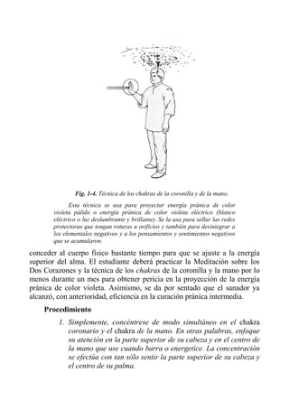 Fig. 1-4. Técnica de los chakras de la coronilla y de la mano. 
Esta técnica se usa para proyectar energía pránica de color violeta pálido o energía pránica de color violeta eléctrico (blanco eléctrico o luz deslumbrante y brillante). Se la usa para sellar las redes protectoras que tengan roturas u orificios y también para desintegrar a los elementales negativos y a los pensamientos y sentimientos negativos que se acumularon. 
conceder al cuerpo físico bastante tiempo para que se ajuste a la energía superior del alma. El estudiante deberá practicar la Meditación sobre los Dos Corazones y la técnica de los chakras de la coronilla y la mano por lo menos durante un mes para obtener pericia en la proyección de la energía pránica de color violeta. Asimismo, se da por sentado que el sanador ya alcanzó, con anterioridad, eficiencia en la curación pránica intermedia. 
Procedimiento 
1. Simplemente, concéntrese de modo simultáneo en el chakra coronario y el chakra de la mano. En otras palabras, enfoque su atención en la parte superior de su cabeza y en el centro de la mano que use cuando barra o energetice. La concentración se efectúa con tan sólo sentir la parte superior de su cabeza y el centro de su palma.  