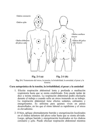 Fig. 2-1 (a) Fig. 2-1 (b) 
Fig. 2-1. Tratamiento del stress, la tensión, la Irritabilidad, la ansiedad, el pesar y la histeria. 
Cura autopránica de la tensión, la irritabilidad, el pesar y la ansiedad 
1. Efectúe respiración abdominal lenta y profunda o meditación respiratoria hasta que se sienta estabilizado. Esto puede tardar de diez a treinta minutos. La respiración abdominal podrá efectuarla durante el trabajo o cuando sufra un stress tremendo en su trabajo. La respiración abdominal tiene efectos sedantes, calmantes y energetizantes. Es utilísima para quienes viven en países desarrollados, en los que el ritmo laboral es rapidísimo y el stress es elevadísimo. 
2. O bien, aplique alternadamente barrido y energetización localizados en el chakra delantero del plexo solar hasta que se sienta aliviado. Luego, aplique barrido y energetización localizados en los chakras coronario y ajña. Puede efectuar respiración abdominal mientras  
