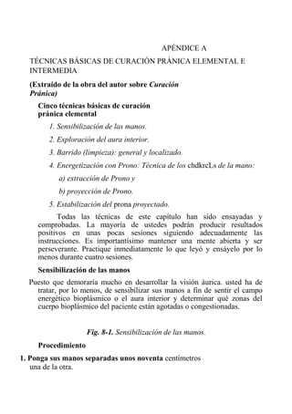 APÉNDICE A 
TÉCNICAS BÁSICAS DE CURACIÓN PRÁNICA ELEMENTAL E INTERMEDIA 
(Extraído de la obra del autor sobre Curación Pránica) 
Cinco técnicas básicas de curación pránica elemental 
1. Sensibilización de las manos. 
2. Exploración del aura interior. 
3. Barrido (limpieza): general y localizado. 
4. Energetízación con Prono: Técnica de los chdkrcLs de la mano: 
a) extracción de Prono y 
b) proyección de Prono. 
5. Estabilización del prona proyectado. 
Todas las técnicas de este capítulo han sido ensayadas y comprobadas. La mayoría de ustedes podrán producir resultados positivos en unas pocas sesiones siguiendo adecuadamente las instrucciones. Es importantísimo mantener una mente abierta y ser perseverante. Practique inmediatamente lo que leyó y ensáyelo por lo menos durante cuatro sesiones. 
Sensibilización de las manos 
Puesto que demoraría mucho en desarrollar la visión áurica. usted ha de tratar, por lo menos, de sensibilizar sus manos a fin de sentir el campo energético bioplásmico o el aura interior y determinar qué zonas del cuerpo bioplásmico del paciente están agotadas o congestionadas. 
Fig. 8-1. Sensibilización de las manos. 
Procedimiento 
1. Ponga sus manos separadas unos noventa centímetros una de la otra.  