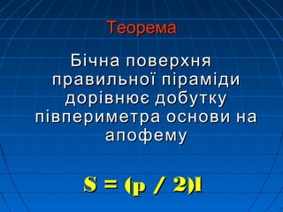 ТеоремаТеорема
Бічна поверхняБічна поверхня
правильної пірамідиправильної піраміди
дорівнює добуткудорівнює добутку
півпериметра основи напівпериметра основи на
апофемуапофему
S = (p / 2)lS = (p / 2)l
 