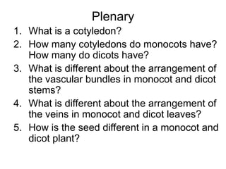 Plenary
1. What is a cotyledon?
2. How many cotyledons do monocots have?
How many do dicots have?
3. What is different about the arrangement of
the vascular bundles in monocot and dicot
stems?
4. What is different about the arrangement of
the veins in monocot and dicot leaves?
5. How is the seed different in a monocot and
dicot plant?
 