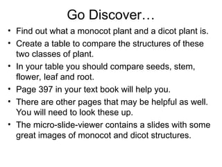 Go Discover…
• Find out what a monocot plant and a dicot plant is.
• Create a table to compare the structures of these
two classes of plant.
• In your table you should compare seeds, stem,
flower, leaf and root.
• Page 397 in your text book will help you.
• There are other pages that may be helpful as well.
You will need to look these up.
• The micro-slide-viewer contains a slides with some
great images of monocot and dicot structures.
 