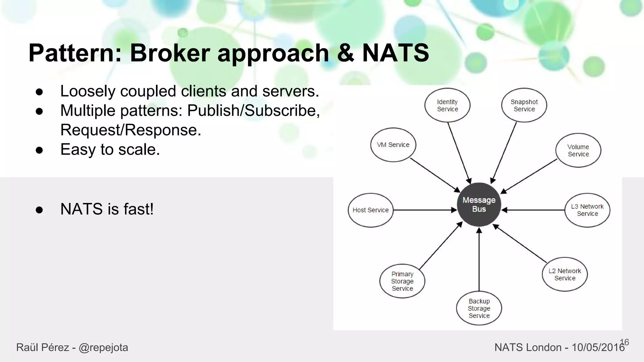 Pattern: Broker approach & NATS
16
Raül Pérez - @repejota NATS London - 10/05/2016
● Loosely coupled clients and servers.
● Multiple patterns: Publish/Subscribe,
Request/Response.
● Easy to scale.
● NATS is fast!
 
