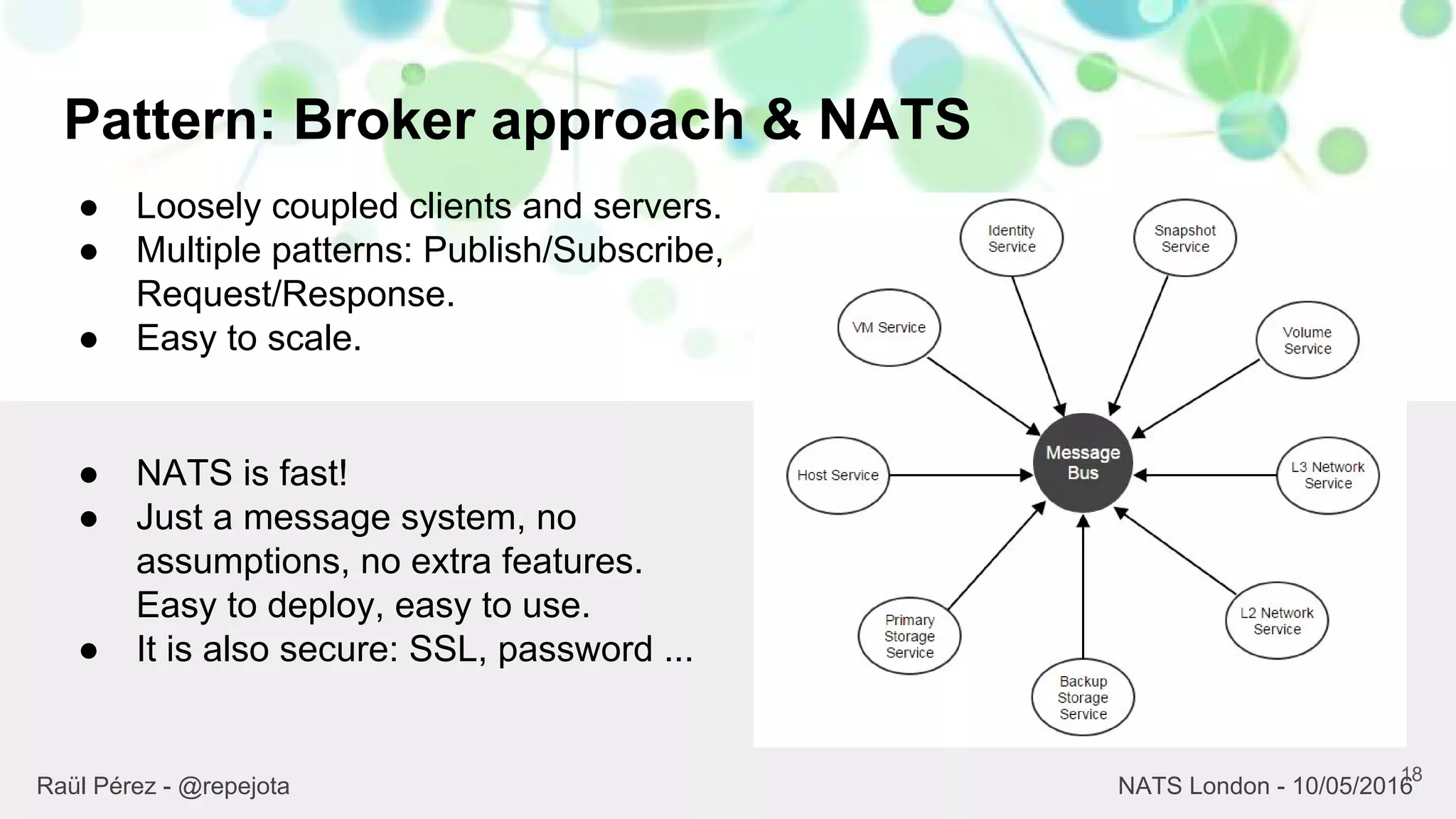 Pattern: Broker approach & NATS
18
Raül Pérez - @repejota NATS London - 10/05/2016
● Loosely coupled clients and servers.
● Multiple patterns: Publish/Subscribe,
Request/Response.
● Easy to scale.
● NATS is fast!
● Just a message system, no
assumptions, no extra features.
Easy to deploy, easy to use.
● It is also secure: SSL, password ...
 