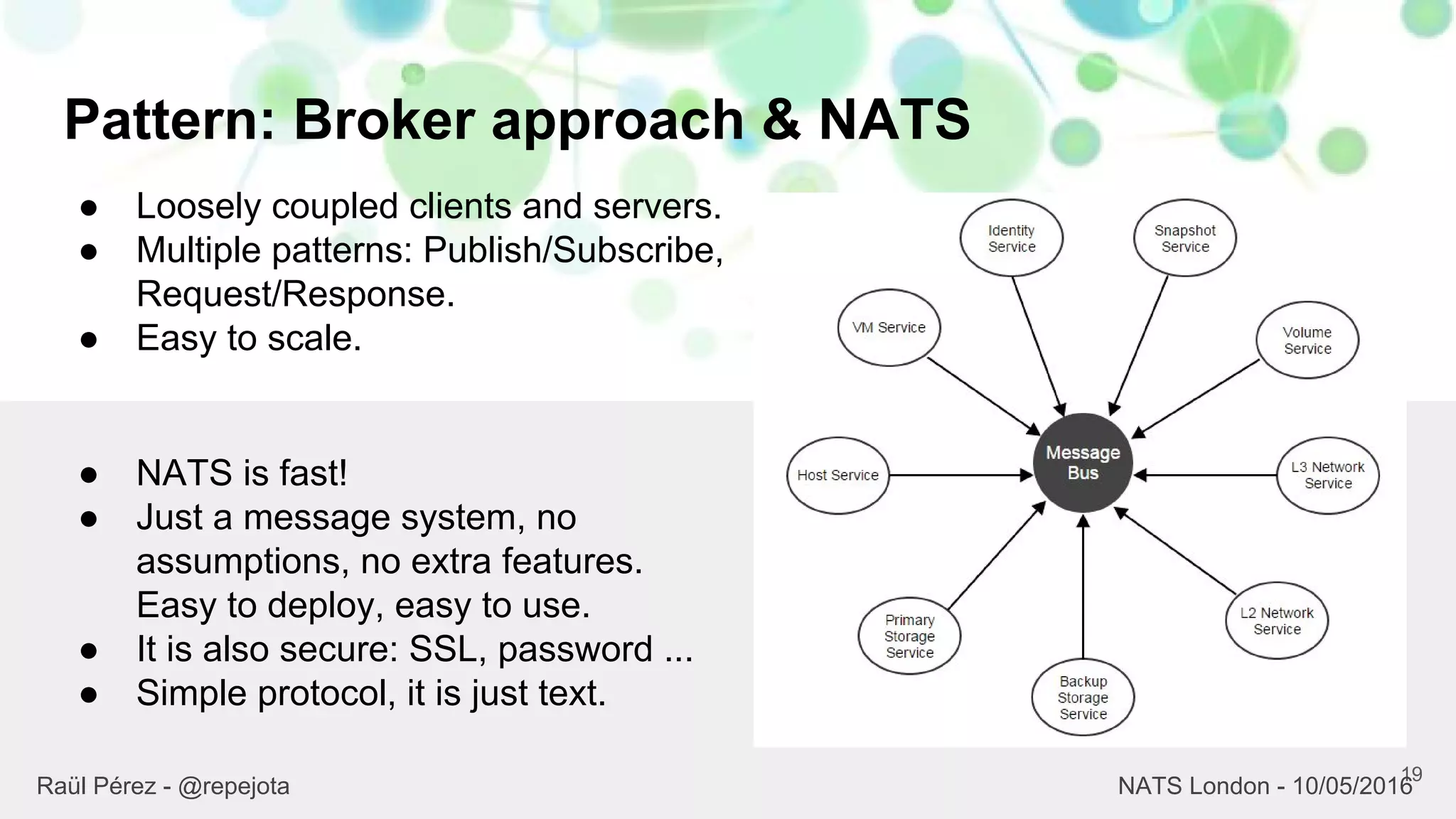 Pattern: Broker approach & NATS
19
Raül Pérez - @repejota NATS London - 10/05/2016
● Loosely coupled clients and servers.
● Multiple patterns: Publish/Subscribe,
Request/Response.
● Easy to scale.
● NATS is fast!
● Just a message system, no
assumptions, no extra features.
Easy to deploy, easy to use.
● It is also secure: SSL, password ...
● Simple protocol, it is just text.
 