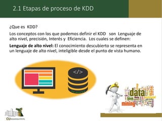 2.1 Etapas de proceso de KDD
¿Que es KDD?
Los conceptos con los que podemos definir el KDD son Lenguaje de
alto nivel, pre...