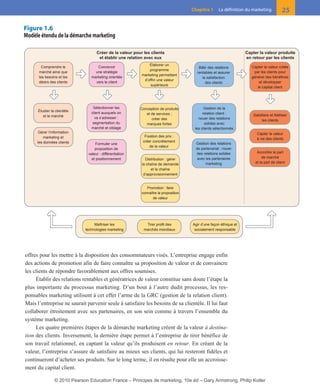 01-P1-ST310ab.qxd        8/04/10     13:02     Page 25




                                                                                               Chapitre 1      La définition du marketing           25

       Figure 1.6
       Modèle étendu de la démarche marketing

                                             Créer de la valeur pour les clients                                             Capter la valeur produite
                                              et établir une relation avec eux                                               en retour par les clients
                                                                        Élaborer un
                Comprendre le               Concevoir                                             Bâtir des relations           Capter la valeur créée
                                                                        programme
              marché ainsi que             une stratégie                                         rentables et assurer            par les clients pour
                                                                    marketing permettant
              les besoins et les         marketing orientée                                         la satisfaction             générer des bénéfices
                                                                     d’offrir une valeur
              désirs des clients           vers le client                                             des clients                   et développer
                                                                         supérieure
                                                                                                                                   le capital client




                                          Sélectionner les         Conception de produits             Gestion de la
              Étudier la clientèle       client auxquels on           et de services :               relation client :
                 et le marché                                                                                                    Satisfaire et fidéliser
                                           va s’adresser :               créer des                nouer des relations
                                                                                                                                      les clients
                                          segmentation du             marques fortes                  solides avec
                                         marché et ciblage                                      les clients sélectionnés
              Gérer l’information                                                                                                  Capter la valeur
                 marketing et                                        Fixation des prix :
                                                                                                                                   à vie des clients
             les données clients                                    créer concrètement
                                            Formuler une                                         Gestion des relations
                                                                        de la valeur
                                           proposition de                                        de partenariat : nouer
                                       valeur : différentiation                                  des relations solides             Accroître la part
                                         et positionnement                                        avec les partenaires                de marché
                                                                      Distribution : gérer
                                                                                                       marketing                  et la part de client
                                                                    la chaîne de demande
                                                                         et la chaîne
                                                                     d’approvisionnement


                                                                       Promotion : faire
                                                                    connaître la proposition
                                                                          de valeur




                                           Maîtriser les              Tirer profit des         Agir d’une façon éthique et
                                      technologies marketing         marchés mondiaux           socialement responsable




        offres pour les mettre à la disposition des consommateurs visés. L’entreprise engage enfin
        des actions de promotion afin de faire connaître sa proposition de valeur et de convaincre
        les clients de répondre favorablement aux offres soumises.
             Établir des relations rentables et génératrices de valeur constitue sans doute l’étape la
        plus importante du processus marketing. D’un bout à l’autre dudit processus, les res-
        ponsables marketing utilisent à cet effet l’arme de la GRC (gestion de la relation client).
        Mais l’entreprise ne saurait parvenir seule à satisfaire les besoins de sa clientèle. Il lui faut
        collaborer étroitement avec ses partenaires, en son sein comme à travers l’ensemble du
        système marketing.
             Les quatre premières étapes de la démarche marketing créent de la valeur à destina-
        tion des clients. Inversement, la dernière étape permet à l’entreprise de tirer bénéfice de
        son travail relationnel, en captant la valeur qu’ils produisent en retour. En créant de la
        valeur, l’entreprise s’assure de satisfaire au mieux ses clients, qui lui resteront fidèles et
        continueront d’acheter ses produits. Sur le long terme, il en résulte pour elle un accroisse-
        ment du capital client.

                        © 2010 Pearson Education France – Principes de marketing, 10e éd – Gary Armstrong, Philip Kotler
 