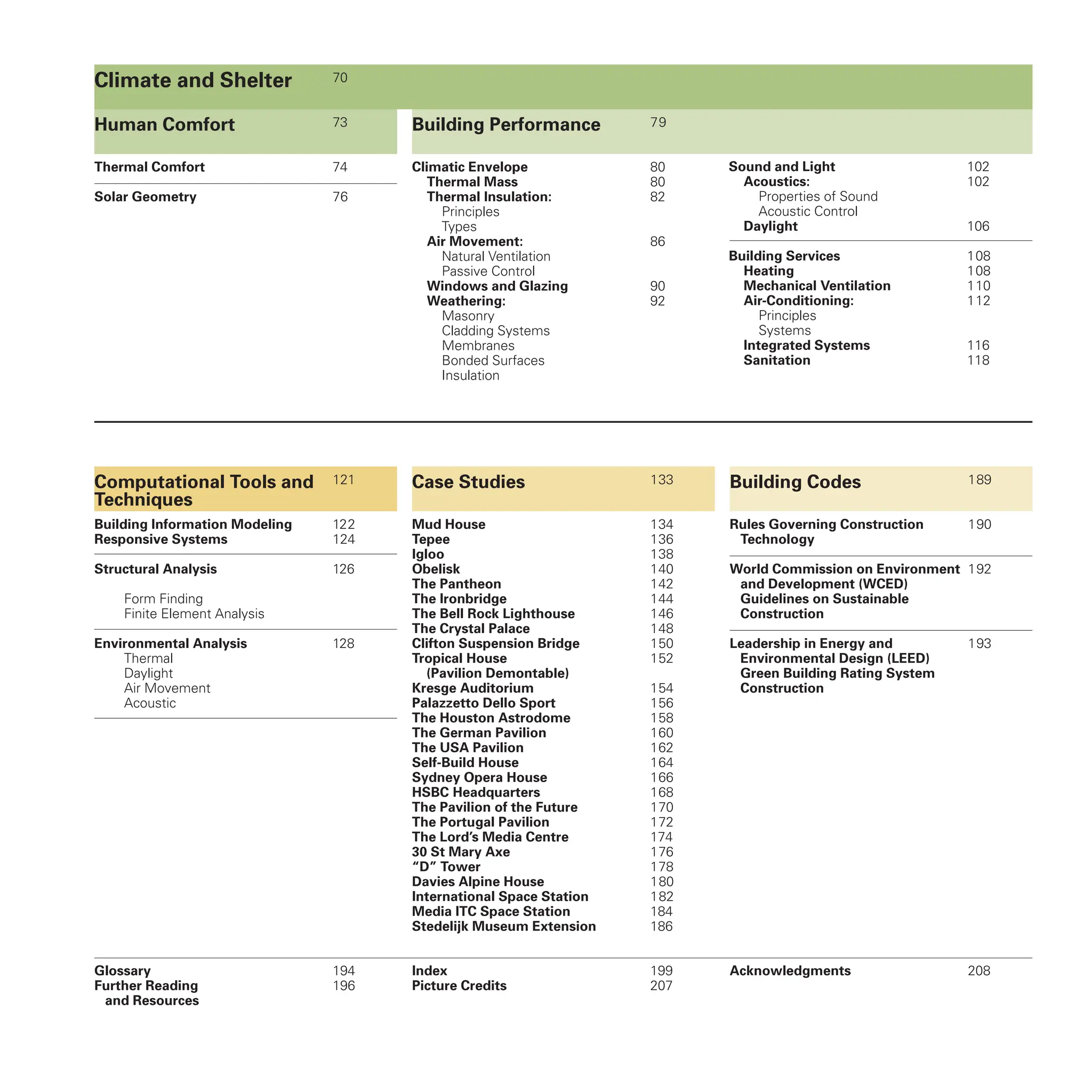 70
Human Comfort 73
Thermal Comfort 74
Solar Geometry 76
Climate and Shelter
Building Performance 79
Climatic Envelope 80
Thermal Mass 80
Thermal Insulation: 82
Principles
Types
Air Movement: 86
Natural Ventilation
Passive Control
Windows and Glazing 90
Weathering: 92
Masonry
Cladding Systems
Membranes
Bonded Surfaces
Insulation
Glossary 194
Further Reading 196
and Resources
Index 199
Picture Credits 207
Acknowledgments 208
Computational Tools and 121
Techniques
Building Information Modeling 122
Responsive Systems 124
Structural Analysis 126
Form Finding
Finite Element Analysis
Environmental Analysis 128
Thermal
Daylight
Air Movement
Acoustic
Case Studies 133
Mud House 134
Tepee 136
Igloo 138
Obelisk 140
The Pantheon 142
The Ironbridge 144
The Bell Rock Lighthouse 146
The Crystal Palace 148
Clifton Suspension Bridge 150
Tropical House 152
(Pavilion Demontable)
Kresge Auditorium 154
Palazzetto Dello Sport 156
The Houston Astrodome 158
The German Pavilion 160
The USA Pavilion 162
Self-Build House 164
Sydney Opera House 166
HSBC Headquarters 168
The Pavilion of the Future 170
The Portugal Pavilion 172
The Lord’s Media Centre 174
30 St Mary Axe 176
“D” Tower 178
Davies Alpine House 180
International Space Station 182
Media ITC Space Station 184
Stedelijk Museum Extension 186
Building Codes 189
Rules Governing Construction 190
Technology
World Commission on Environment 192
and Development (WCED)
Guidelines on Sustainable
Construction
Leadership in Energy and 193
Environmental Design (LEED)
Green Building Rating System
Construction
Sound and Light 102
Acoustics: 102
Properties of Sound
Acoustic Control
Daylight 106
Building Services 108
Heating 108
Mechanical Ventilation 110
Air-Conditioning: 112
Principles
Systems
Integrated Systems 116
Sanitation 118
 