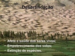 Desertificação
• Afeta a saúde dos seres vivos;
• Empobrecimento dos solos;
• Extinção de espécies.
 