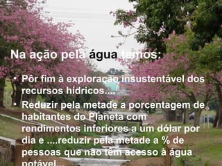 Na ação pela água temos:
• Pôr fim à exploração insustentável dos
recursos hídricos....
• Reduzir pela metade a porcentagem de
habitantes do Planeta com
rendimentos inferiores a um dólar por
dia e ....reduzir pela metade a % de
pessoas que não têm acesso à água
 