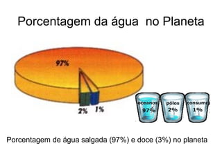 Porcentagem da água no Planeta
Porcentagem de água salgada (97%) e doce (3%) no planeta
 