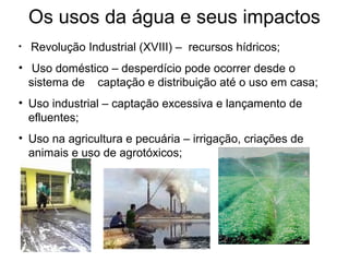 Os usos da água e seus impactos
• Revolução Industrial (XVIII) – recursos hídricos;
• Uso doméstico – desperdício pode ocorrer desde o
sistema de captação e distribuição até o uso em casa;
• Uso industrial – captação excessiva e lançamento de
efluentes;
• Uso na agricultura e pecuária – irrigação, criações de
animais e uso de agrotóxicos;
 