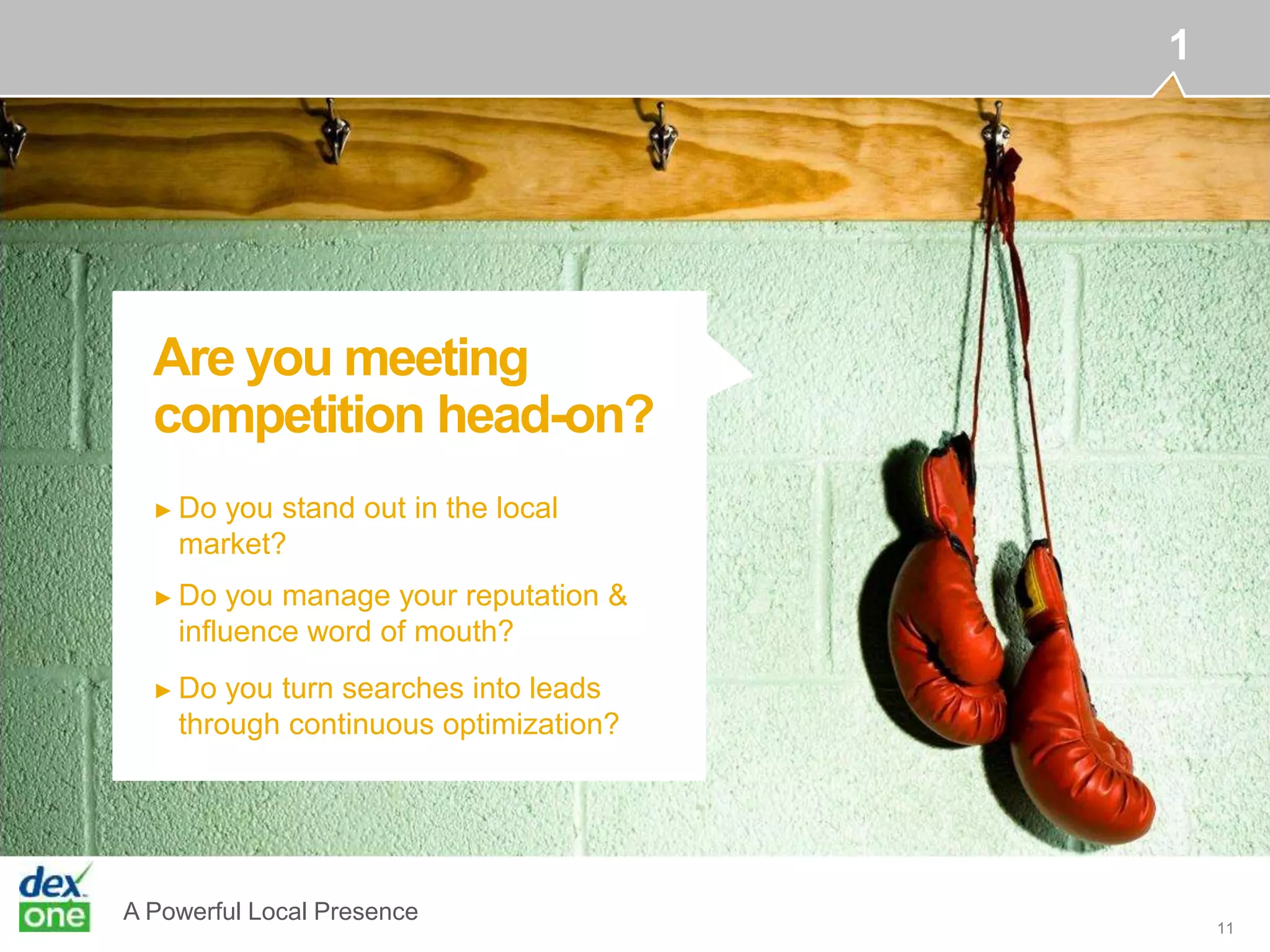 A Powerful Local Presence
11
► Do you stand out in the local
market?
Are you meeting
competition head-on?
1
► Do you manage your reputation &
influence word of mouth?
► Do you turn searches into leads
through continuous optimization?
 