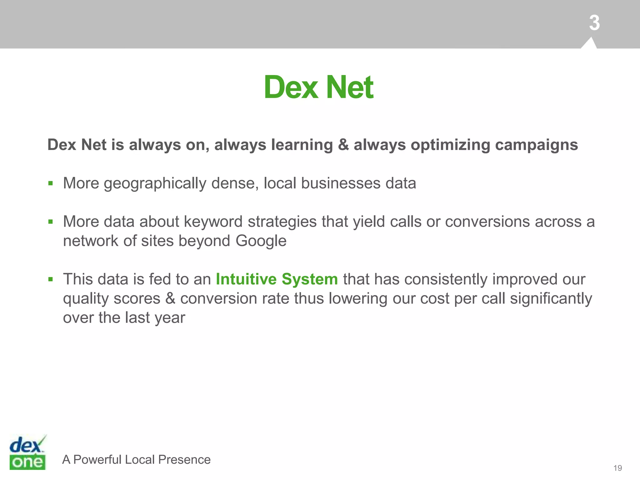 A Powerful Local Presence
19
3
Dex Net
Dex Net is always on, always learning & always optimizing campaigns
 More geographically dense, local businesses data
 More data about keyword strategies that yield calls or conversions across a
network of sites beyond Google
 This data is fed to an Intuitive System that has consistently improved our
quality scores & conversion rate thus lowering our cost per call significantly
over the last year
 