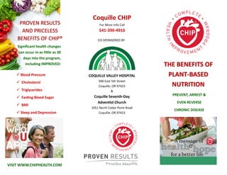Coquille CHIP
For More Info Call
541-396-4916
CO-SPONSORED BY
COQUILLE VALLEY HOSPITAL
940 East 5th Street
Coquille, OR 97423
&
Coquille Seventh-Day
Adventist Church
1051 North Cedar Point Road
Coquille, OR 97423
THE BENEFITS OF
PLANT-BASED
NUTRITION
PREVENT, ARREST &
EVEN REVERSE
CHRONIC DISEASE
PROVEN RESULTS
AND PRICELESS
BENEFITS OF CHIP®
Significant health changes
can occur in as little as 30
days into the program,
including IMPROVED:
VISIT WWW.CHIPHEALTH.COM
 Blood Pressure
 Cholesterol
 Triglycerides
 Fasting Blood Sugar
 BMI
 Sleep and Depression
 
