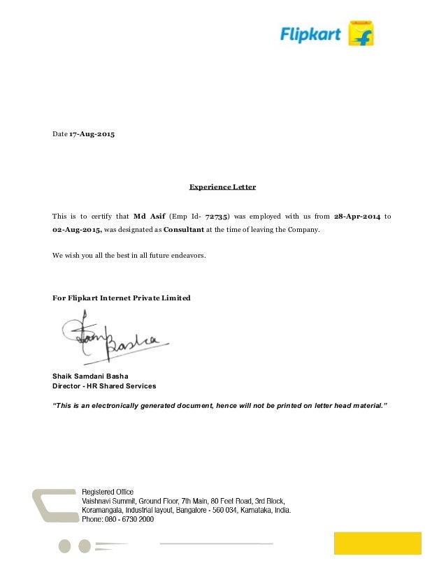 Experience Letter Of Flipkart experience-letter-of-flipkart